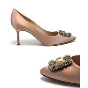 MANOLO Blahnik Champagne Hangisi 70mm Crystal Embellished Satin Pumps